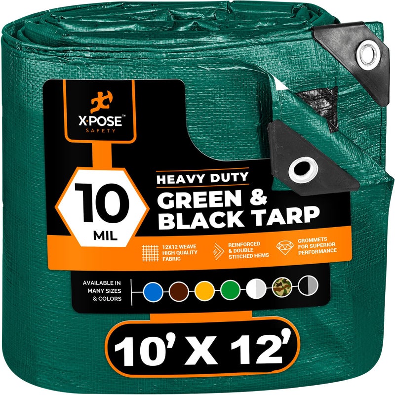 xpose safety Heavy Duty Poly Tarp 10 Feet x 12 Feet 10 Mil Thick Waterproof, UV Blocking Protective Cover - Reversible Green and Black - Laminated Coating - Grommets - by Xpose Safety - Image 1